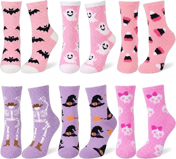 Hercicy 6 Pairs Pink Halloween Fuzzy Warm Crew Socks for Women Winter - sugar skull costume