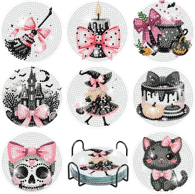 Yijingtop 8 Pcs Halloween Diamond Art Coasters,Cute Pink Gothic Diamond Painting Coasters,Small Diamond Art Kits for Adults,Crystal Gem Art Kits for Home Wall Decor - skull coaster