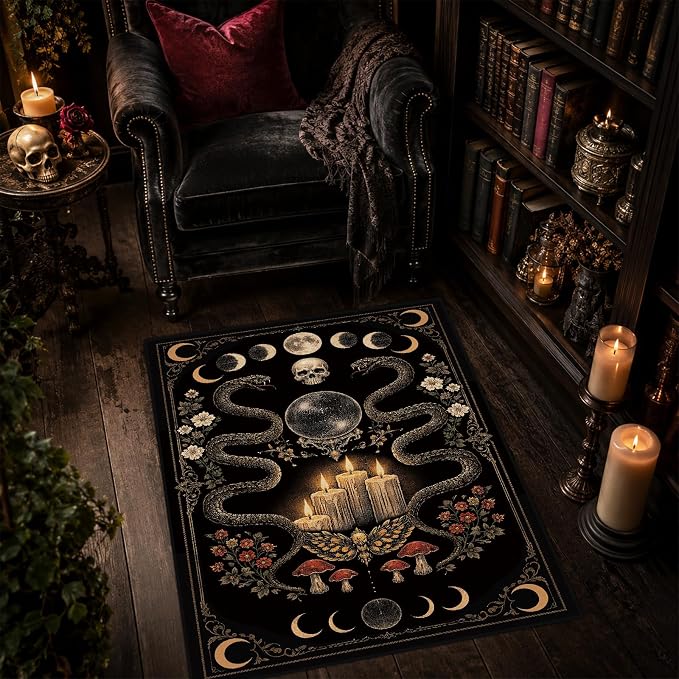 3x5 Gothic Area Rug for Bedroom Entryway Hallway Goth Skull Snake Witch Dark Black Rug Machine Washable Non-Slip Carpet for Bathroom Kitchen Bedside Dining Room - skull carpet