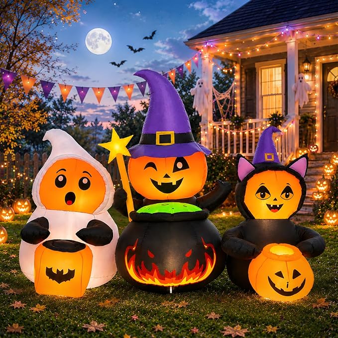 7FT Halloween Inflatables Pumpkin Character Trio, Outdoor Yard Decorations - skull inflatable