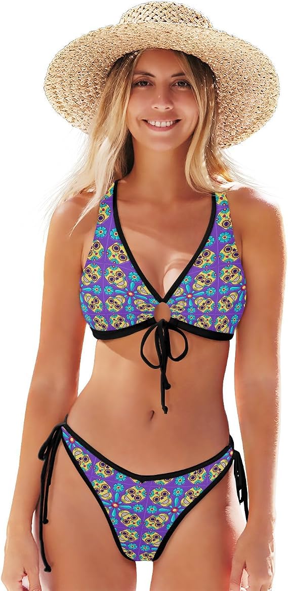 Women's 2 Piece Bikini Sets Halter Triangle String Bathing Suit Swimsuits - skull swimsuit