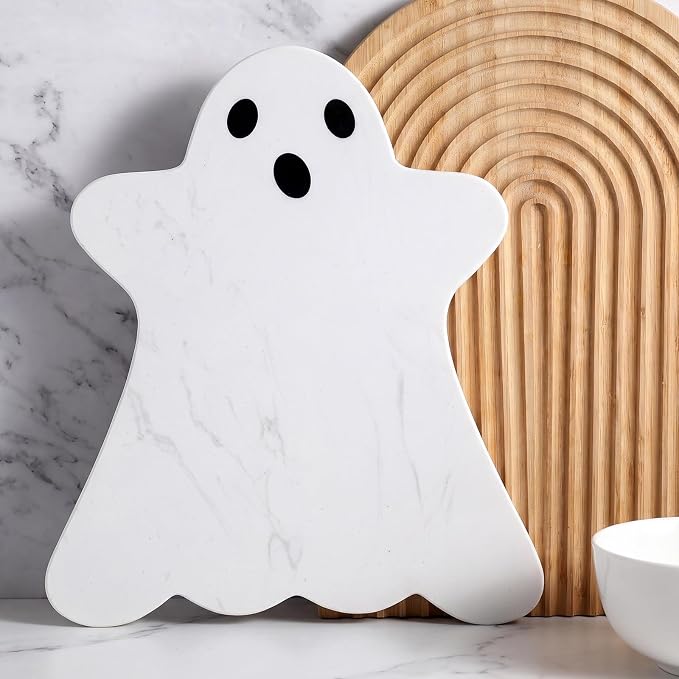 Reallnaive White Ghost Marble Cheese Board Halloween Charcuterie Serving Tray Marble Cutting Board for Cheese, Snacks, Appetizers and Kitchen - skull plate