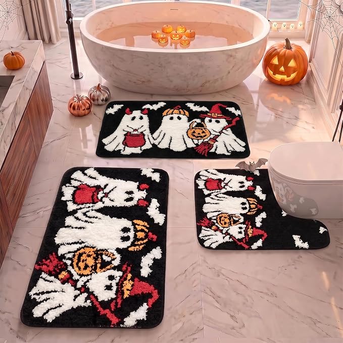 Bathroom Rug Set of 3, Fluffy Microfiber Non-Slip, Halloween Ghost - skull toilet mat