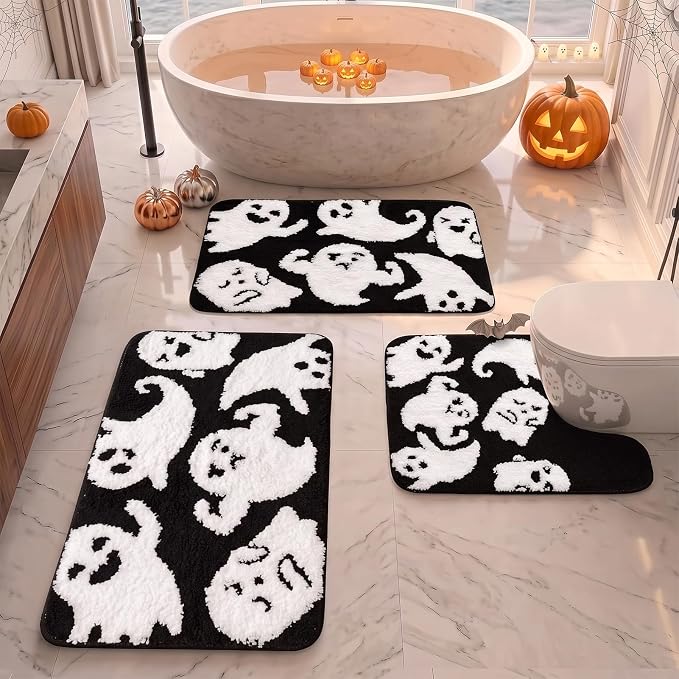 Bathroom Rug Set of 3, Fluffy Microfiber Non-Slip, Ghost - skull toilet mat