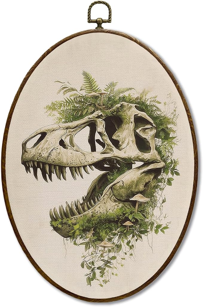 XINCEYWJ Vintage Dinosaur Skeleton Oval Framed Wall Art, Retro Green Plants Oval Canvas Wall Decor, Dinosaur Skull Framed Wall Hanging Decor for Home Bedroom Living Room,11×8.5 Inch