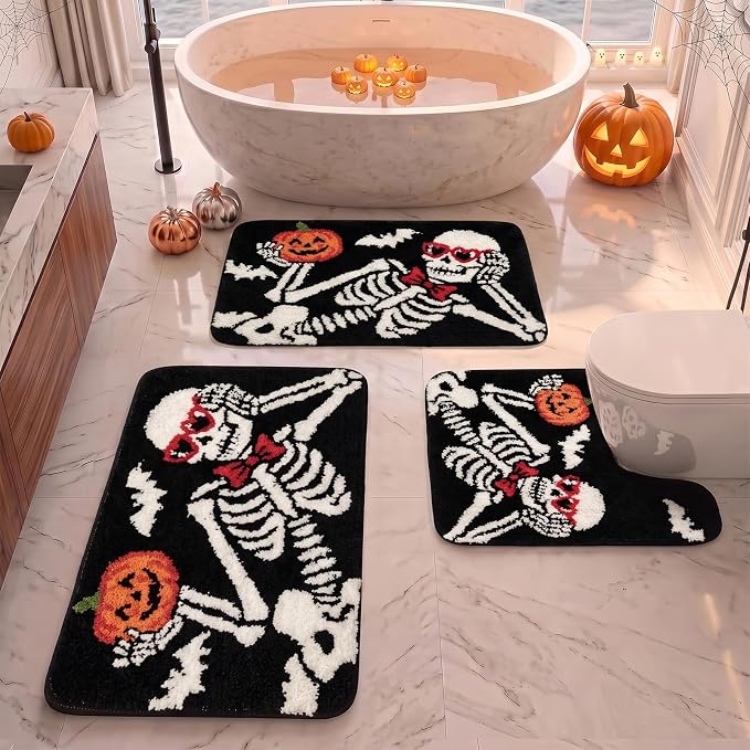 Halloween Bathroom Rug Set of 3 Fluffy Microfiber Non-Slip,Black