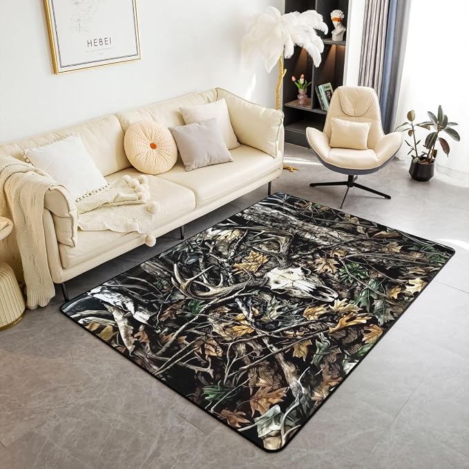 Feelyou Deer Skull Camo Area Rug 3x5 for Bedroom Woodland Hunting Print Living Room Rugs Soft Non-Slip Camouflage Tree Decor Carpet Indoor Floor Mat for Home, Dining Room - skull carpet