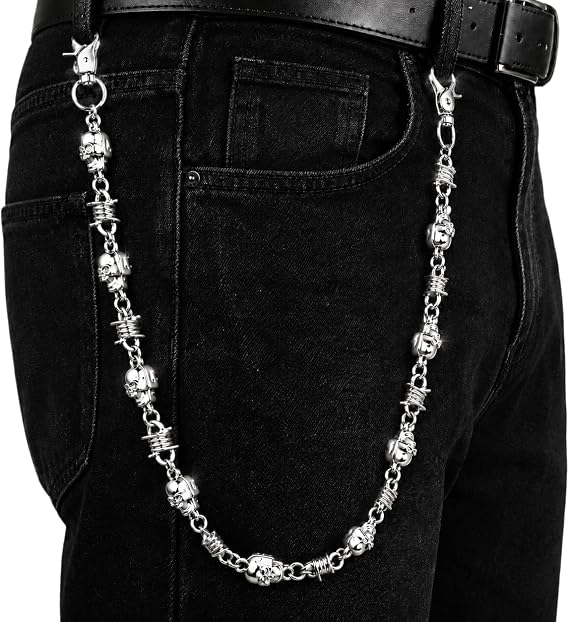 Skull & Barbed Wire Wallet Chain for Men Women, Punk Biker Jean Pants Chain, Goth Hip Hop Metal Belt Chain Accessory - skull wallet
