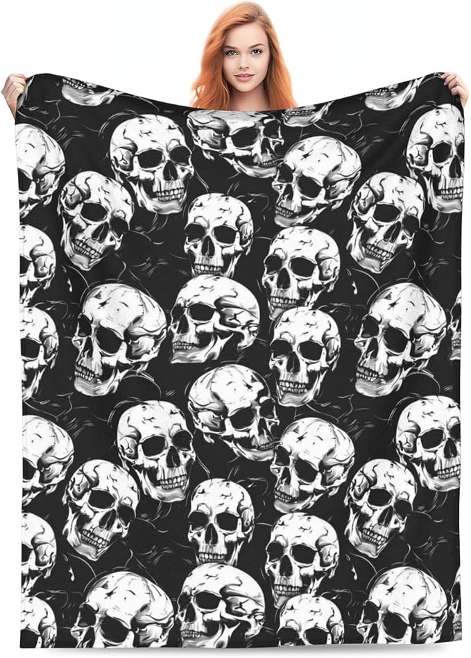 Skull Blanket, 50x60in, Soft Cozy Lightweight Flannel Throw with Gothic Black and White Skull, Gifts Blankets for Women, Kids, Halloween Lovers, Travel Bed Living Room Home Decor - skull blanket