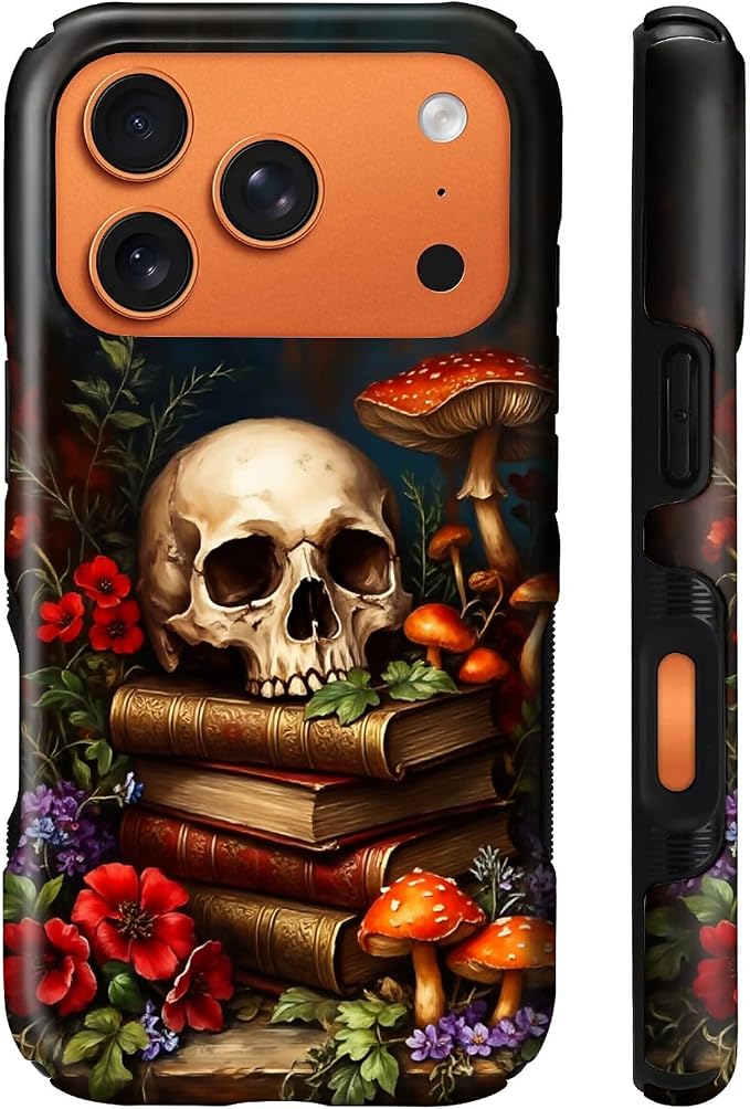 CARLOCA for iPhone 17 Pro 18 Pro Compatible with Magsafe Full Body Protective Case for Girl Boy Shockproof Esthetics Pattern Gothic Scary Skull Books Red Flowers Mushrooms - Skull phone case