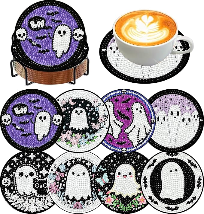 8 PCS Halloween Diamond Art Coasters, Ghost Diamond Painting Coasters with Holder Cork Pad, Diamond Dots Art Painting Coasters Crafts Kit for Home Wall Decor (Ghost Theme) - skull coaster