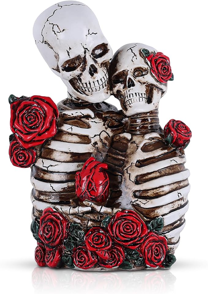 LCCCK White Skeleton Couple Figurines Halloween Knick Knacks, Mexican Day of the Dead Decorations, Gothic Valentine Skull for Dark Academia Decor ou Spooky Shelf Table Mantel Halloween Figurines - skull figurine