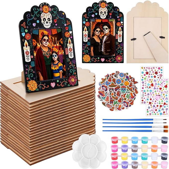 Fovths 24 Packs Dia De Los Muertos Picture Frame Painting Craft Kit with Stickers Wooden Day of the Dead Altar Decorations Remembrance Supplies Sugar Skull Marigold Ofrenda Decorations - skull painting