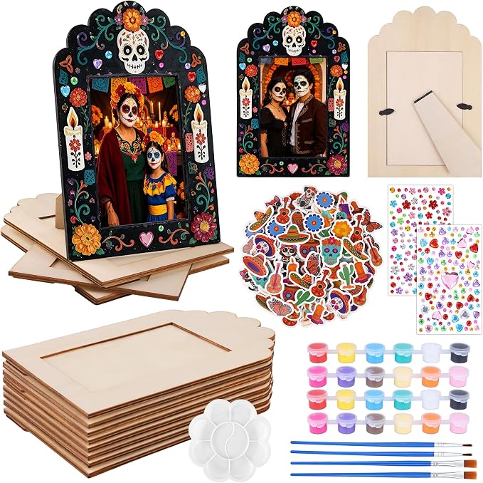 Fovths 12 Packs Dia De Los Muertos Picture Frame Painting Craft Kit Day of the Dead Altar Decorations Memorial Remembrance Supplies Sugar Skull Marigold Ofrenda Decorations, for 4 x 6 inch Photo - skull painting