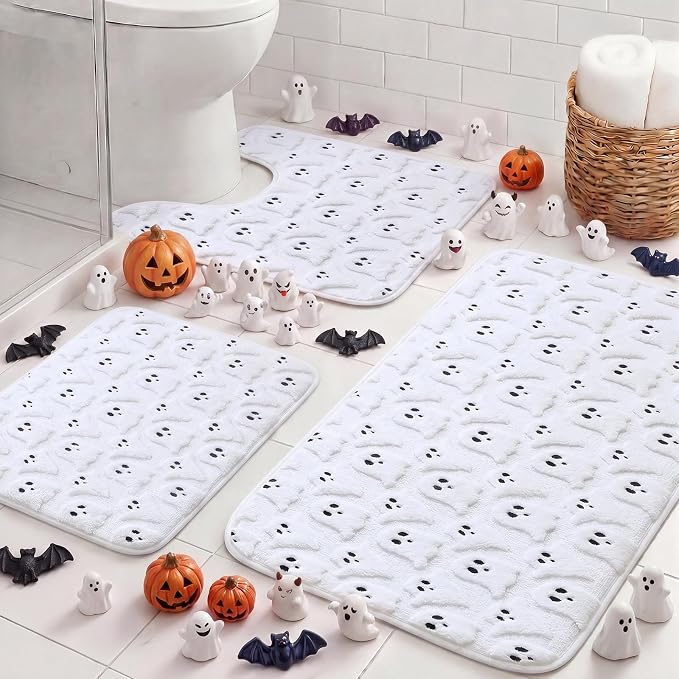 Drydiet 3 Pcs White Ghost Bathroom Rugs Sets Halloween Bathroom Decor - skull carpet