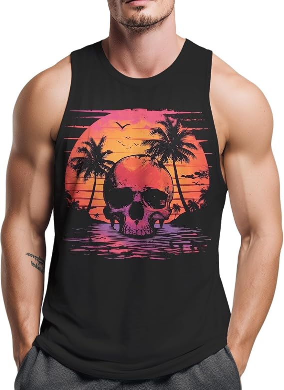 Men’s Skull Sunset Tank Top Vintage Retro Palm Tree Beach Graphic Sleeveless Muscle Shirt Gym Workout Tank - skull tank tops