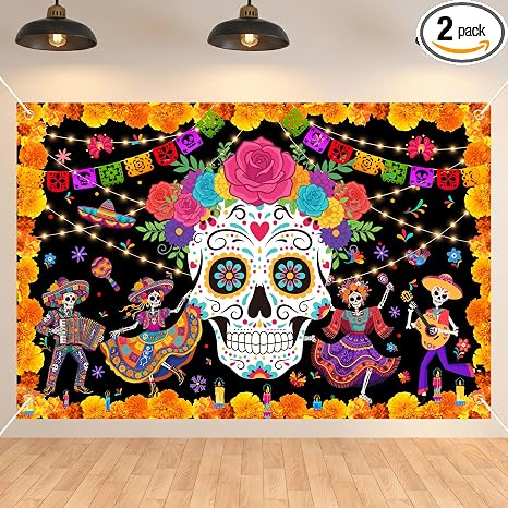 Day of The Dead Backdrop 59x39in Floral Sugar Skull Banner - skull carpet