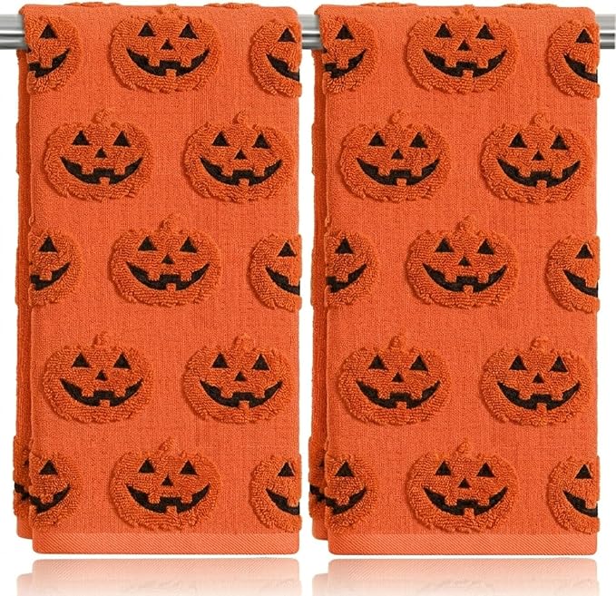2 Pack Halloween Hand Towels 100% Cotton Jacquard ack-O'-Lantern Halloween Kitchen Towels White Bathroom Towels Set Seasonal Bathroom Decor (Orange ack-O'-Lantern) - skull toilet paper