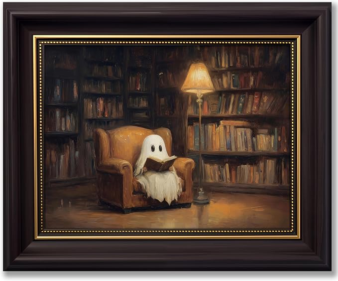 Vbaourut Halloween Ghost Framed Wall Art，Reading Ghost Wall Decor 12x16 In - skull wall art