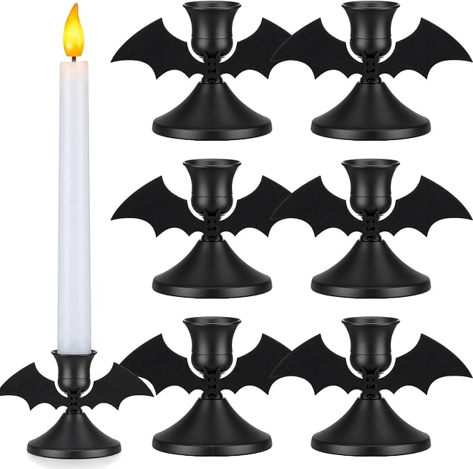 6 Pack Halloween Taper Candle Holders with Bat Wings, Black Metal - skull candle