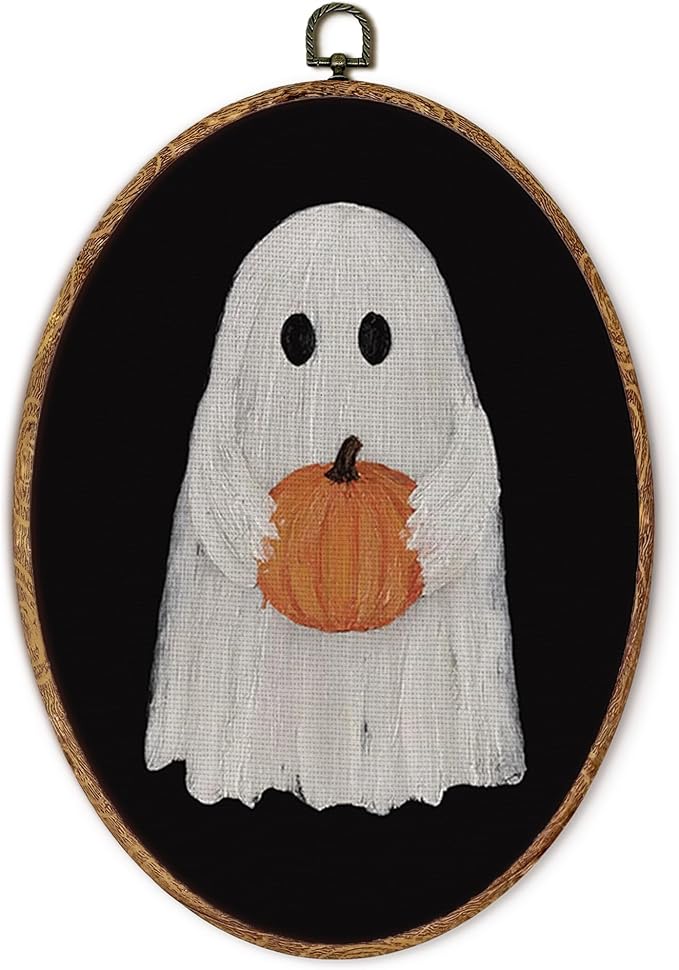 fZSZSD Cute Ghost Fall Pumpkin Halloween Oval Wall Art Decor, Dark Academia Oval Framed Canvas Art Prints, Whimsical Ghost Pumpkin Wall Hanging Decor for Home Bedroom Kitchen Kids Room, 8.5×11.5 Inch