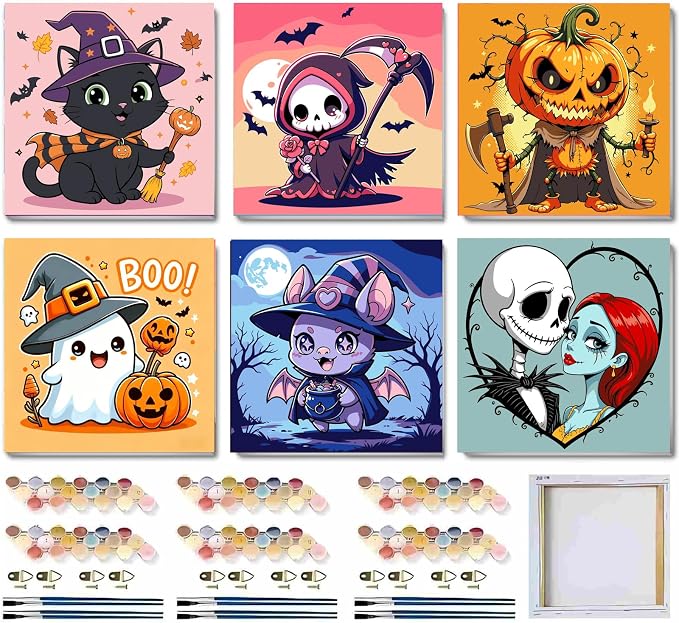 SYDYLH 6 Pcs Framed Easy Halloween Paint by Numbers for Adult/Kids 8x8in
