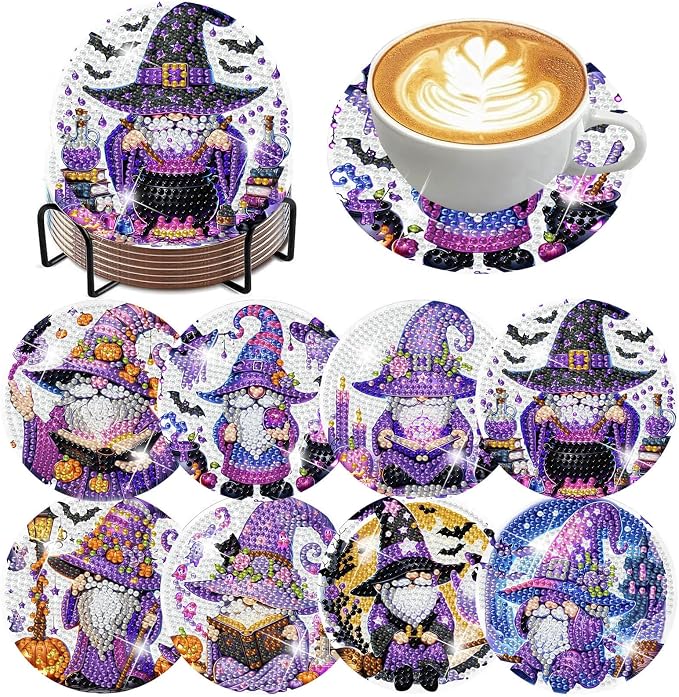 8 Pcs Halloween Diamond Art Coasters with Cork Pads 4×4 inch - skull coaster