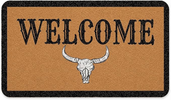 Chicimln Western Longhorn Welcome Door Mat, Retro Black Western Bull Skull Faux Coir Doormat Outdoor Entrance, Rustic Southwestern Small Rugs for Entryway Front Door, 17x30 Inch - skull door mat