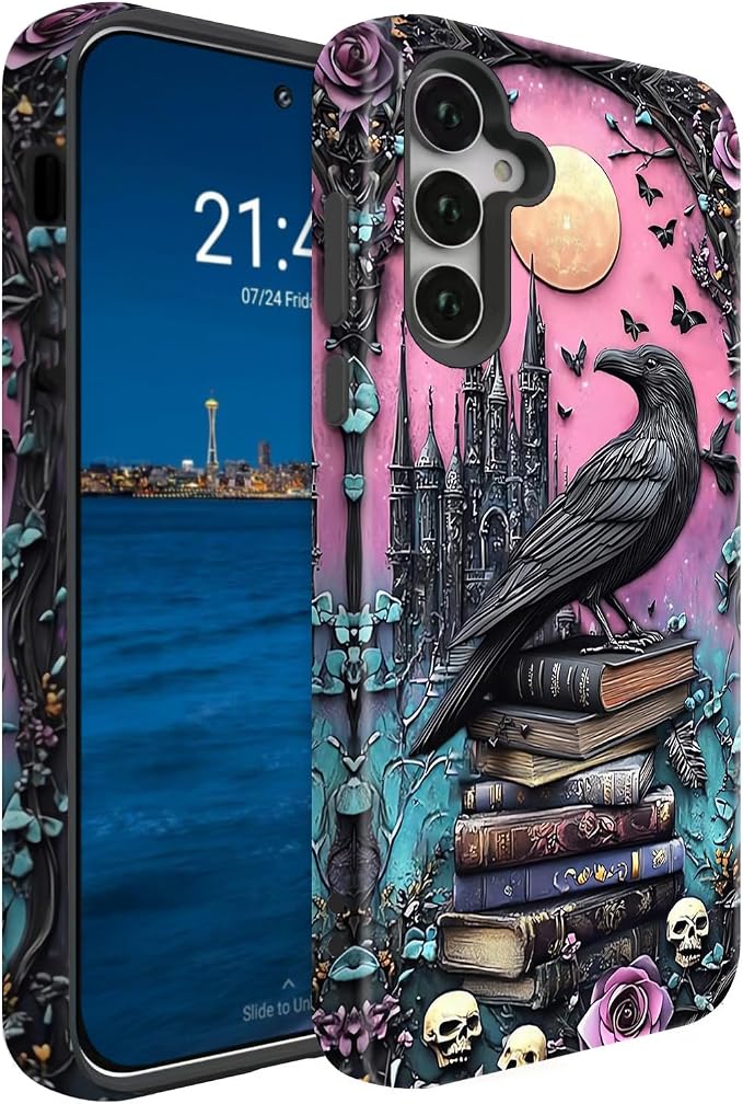 Compatible for Samsung Galaxy A17 5G Case, Dual Layer Heavy Duty 2 in 1 Shockproof Protective Phone Case,Black Raven Bird Rose Book Skulls - Skull phone case