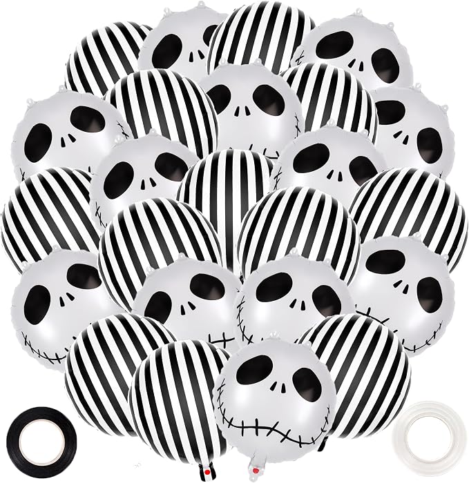 24 Pcs Striped Balloons,18 Inch Skeletons Skull Foil Balloons, Halloween Party Balloon for Birthday Party Baby Shower Halloween Ceremonies Holiday Parties Decorations - skull inflatable