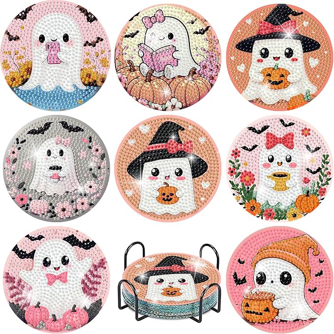 gganmtere Halloween Diamond Painting Coasters Kits, 8 Pack Ghost Diamond Art Coasters with Holder, Crafts Kits for DIY Coasters,Cute Ghost Diamond Art Coasters - skull coaster