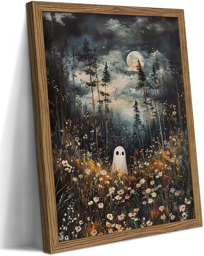 Framed Halloween Ghost Wall Art, Gothic Whimsical Wildflowers Canvas Wall Decor Paintings, Fall Spooky Magical Forest Artwork Posters Prints Pictures for Bedroom Living Room 8×10 Inch