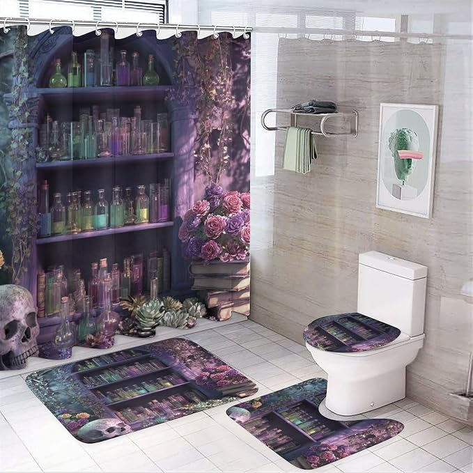 4-Piece Gothic Skull Bottle Rose Bathroom Shower Curtain 72 X 72 Inch, Succulent Ivy Book Resistant Water Home Decor Include Bath Mat Toilet Lid Cover Non-Slip Rug with 12 Hook - skull toilet mat