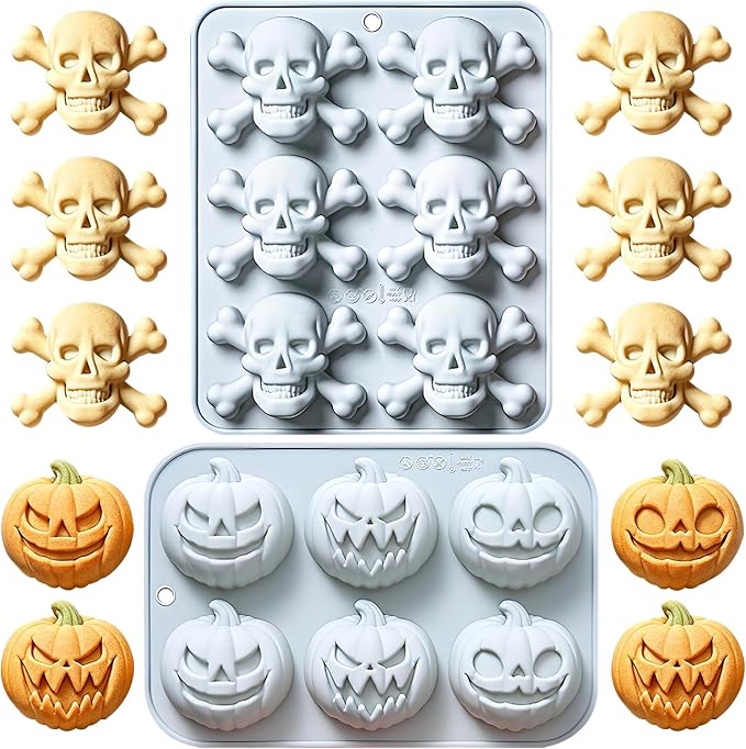 2Pack Halloween Theme Silicone Molds with Skull and Crossbones Pumpkin for Halloween Harvest Party, Chocolate, Candy, Gummy, Soap, Candle, Cupcake and Cake Decoration - skull ashtray