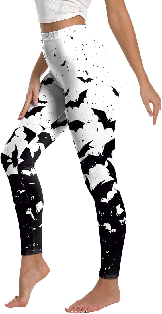 Halloween Bat Print Leggings Carnival Pants, Women's High Waist Athletic Tights - skull leggings