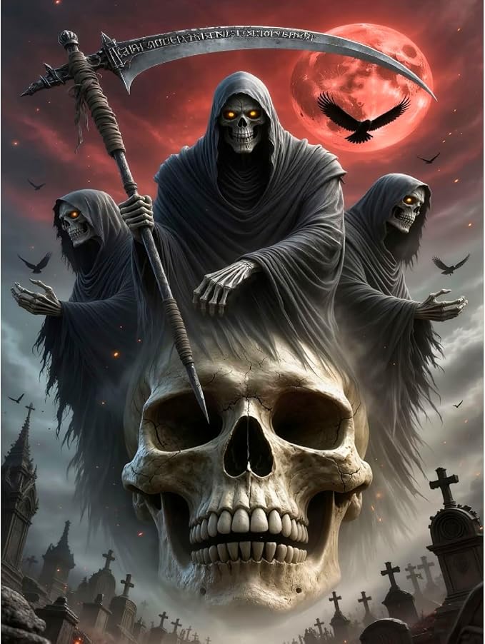 MRMIOOM 5D DIY Grim Reaper Diamond Painting Kits for Adults, Halloween Skull Diamond Art Kit, Red Moon Full Drill Rhinestone Paintings Pictures Wall Decor Dots Kits 11.8X15.7 inch - skull painting