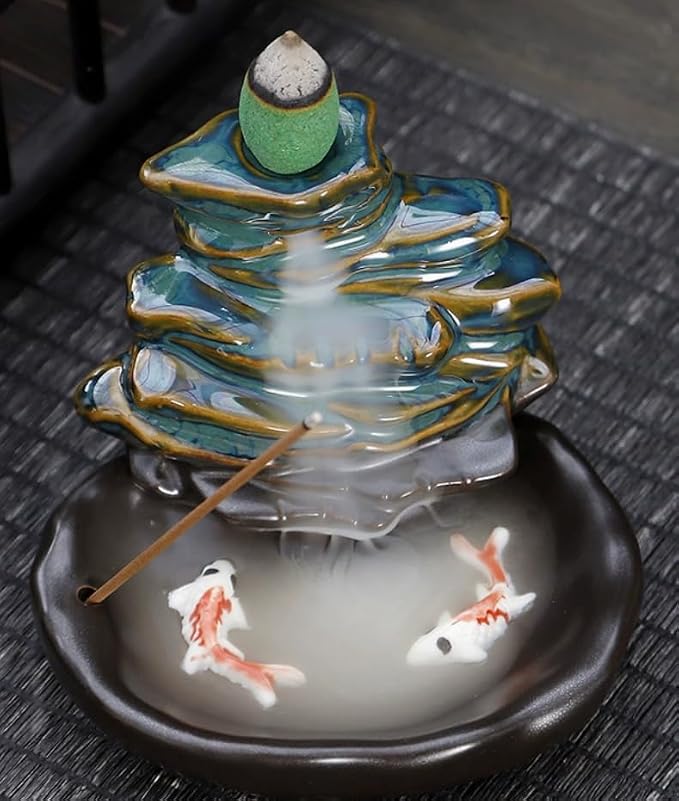 Creative Ceramic Backflow Incense Burner with Double Fish Design - Kiln Change Glaze Waterfall Effect Home Decor Ornament - skull incense burner