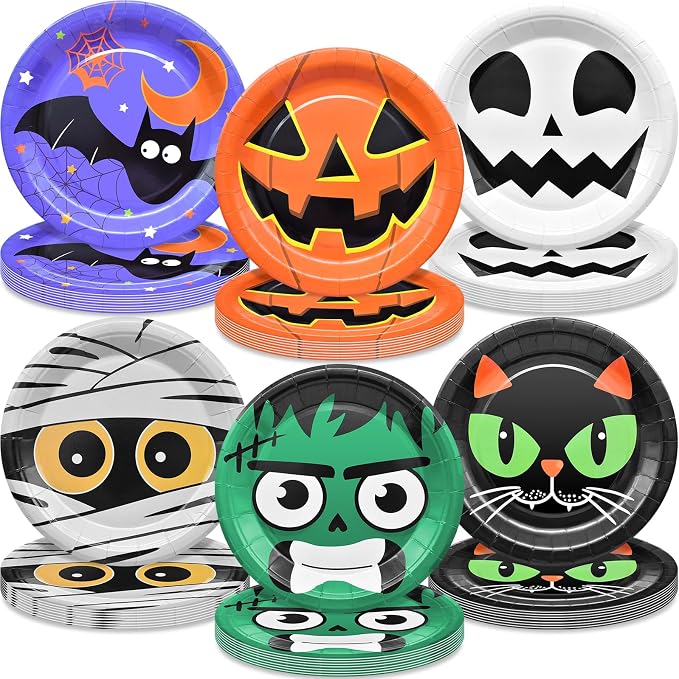 48 Pieces Halloween Party Dessert Plates – 7 Inch Cartoon Pumpkin Ghost Paper Plates with Cat, Bat, Skull and Monster Designs for Halloween Party, Kids Birthday and Trick or Treat Celebrations - skull plate