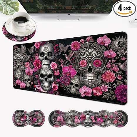 Desk Mat, Mouse Pad with Wrist Rest, 4-in-1 Large Mouse Pads for Desk, Ergonomic Mouse Pad and Keyboard Wrist Rest Gaming Keyboard Mat for Office,Sugar Skulls with Flowers - skull coaster