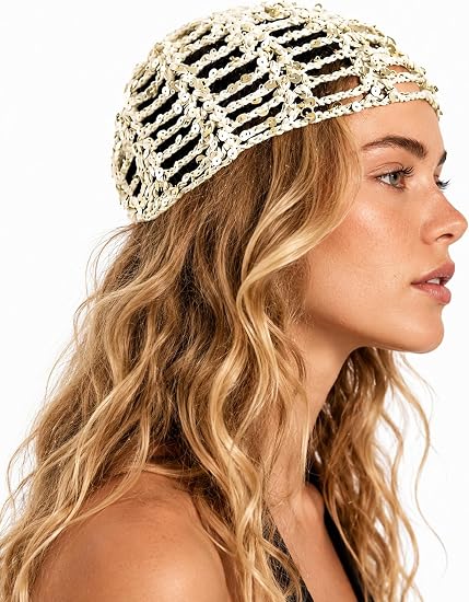 Women’s Party hat, Sequin Headpiece,mesh Hair net Cap, 20s Flapper Hair Accessories, Glitter Knit Beanie - skull headband