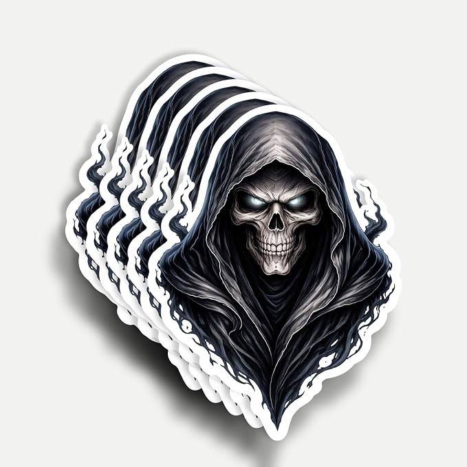 (5Pcs) Grim Reaper Death Skull Vinyl Decal 3 inch, Grim Reaper Stickers Waterproof Vinyl Decal for Laptop, Water Bottles, Car, Phone - skull sticker