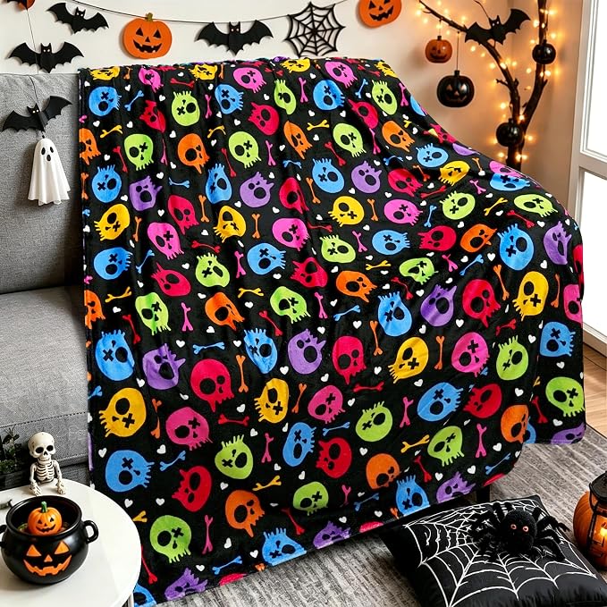 Throw Blanket Super Soft Cozy and Plush for Couch and Chair Halloween Blankets and Throws Pumpkin Spider Ghost Blanket(50" x 60") - skull blanket