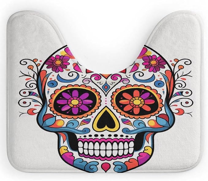 Sugar Skull Toilet Rugs U-Shaped Mat 20x16 Inches Contour Bathroom Mat Non Slip Toilet Floor Mat Commode Contour Rug Soft Quick-Dry Thick Absorbent for Home Decor - skull toilet mat