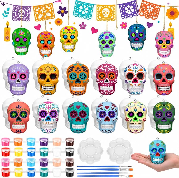 RoundFunny 24 Pcs Bisque Ceramic Skull to Paint, DIY 3D Hanging Ornaments - skull painting