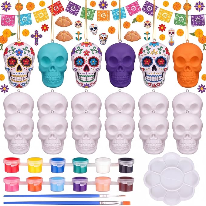RoundFunny 12 Pcs Bisque Ceramic Skull to Paint, DIY 3D Hanging Ornaments - skull painting