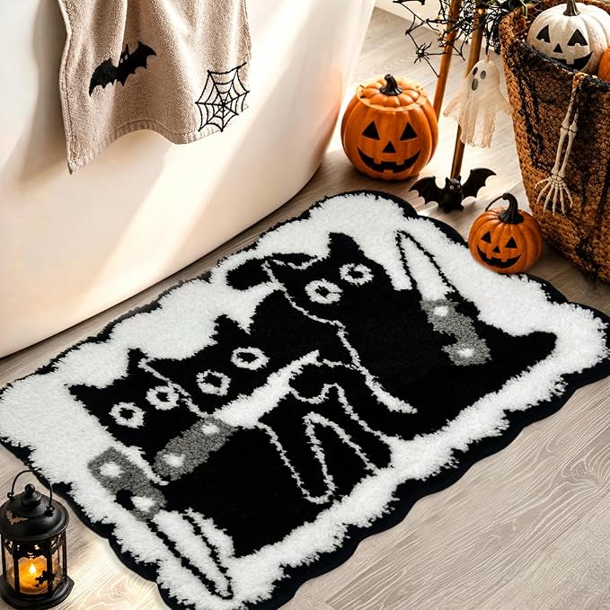 MEHOFOND Halloween Black Cats Non-Slip Bathroom Rug, Door Mat 17×24 Inch
