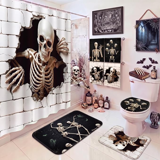 8 Pcs Halloween Shower Curtain Set, Skeleton Breakthrough Bathroom Decor with 3D Wall-Breaking Skull, Include Non-Slip Bath Mat, Toilet Lid Cover, Towels and 12 Hooks for Gothic Bathroom