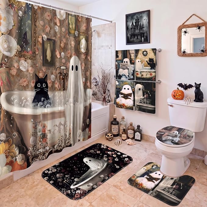 8 Pcs Halloween Bathroom Decor Ghost Black Cat Shower Curtain Set - skull toilet mat