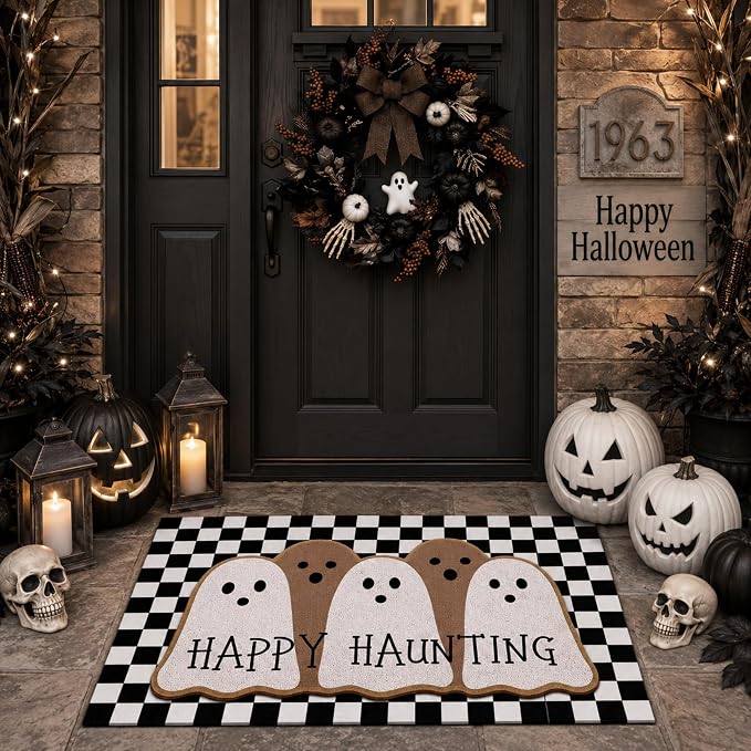Drydiet 2 Pcs Halloween Door Mat Set, Ghost Happy Haunting Checkered Rug