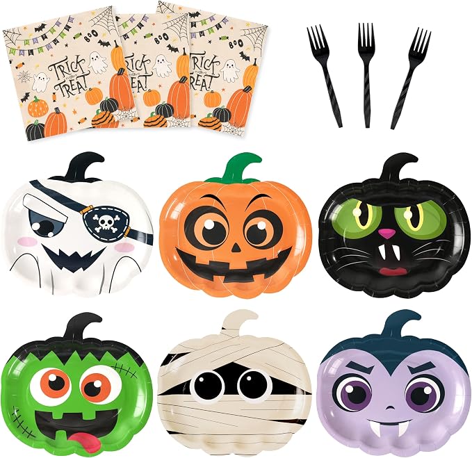 72Pcs Mix Color Halloween Pumpkin Paper Plates and Napkins, Serves 24 - skull plate